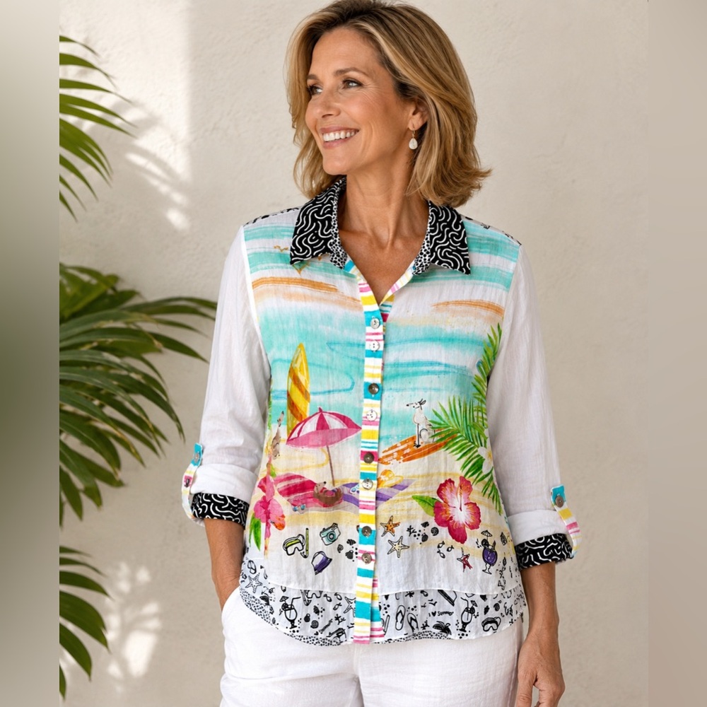 John Mark Novelty Mix Print Button Front Long Roll-Tab Sleeve Petite Medium